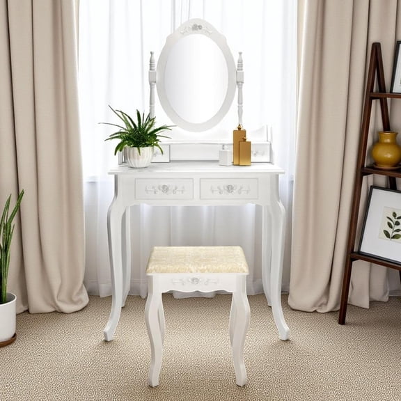 Hassch Modern Concise Dressing Table 4 Drawers 360° Rotation Removable Mirror, White