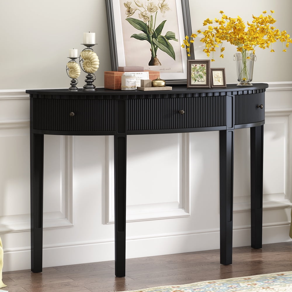 Black Pine Wood Half-Moon Console Table with Storage Drawers