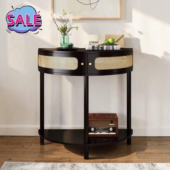Hassch Modern Console Table, Small Half Moon Entryway Table with Storage, Behind Couch Table with Storage Shelf and 2 Doors for Living Room, Hallway, Foyer, Black