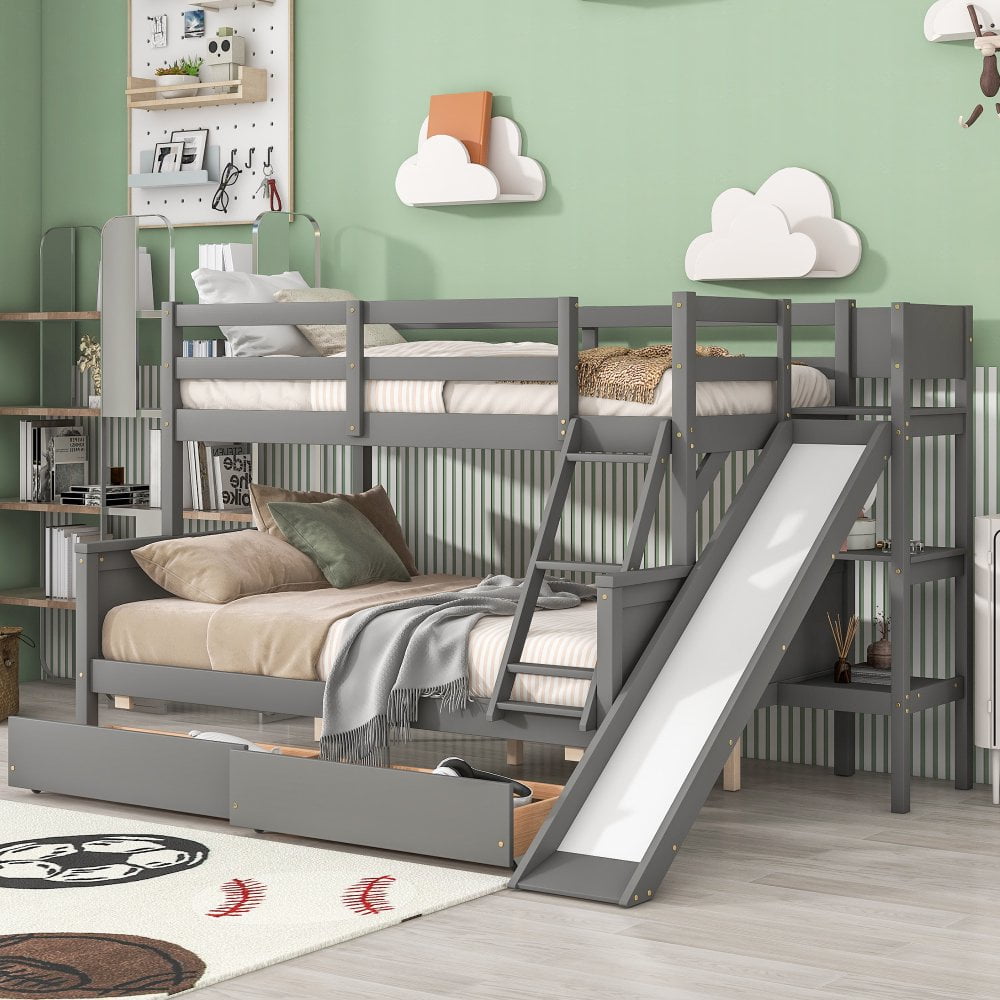 Hassch Modern Detachable Bunk Bed with Slide, Twin over Full Size Bunk Bed with 2 Storage
