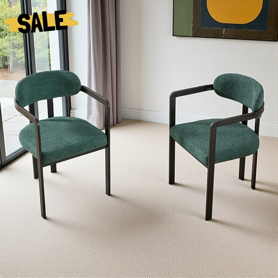 Hassch Modern Dining Chairs Set of 2, Accent Upholstered Armchairs with Padded Seat & Curved Back, Ergonomic Design, Black Metal Legs, Antique Green