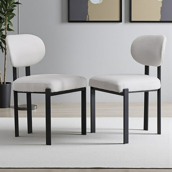 Hassch Modern Dining Chairs Set of 2, Armless Side Chairs with Fabric Upholstered Seat & Back, Curved Ergonomic Back, Black Metal Legs, Beige