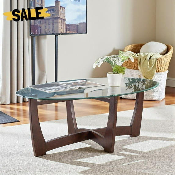 Hassch Modern Farmhouse Oval Coffee Table, 48" Tempered Glass Top with Solid Wood Base, Accent Center Table for Living Room, Cherry Finish