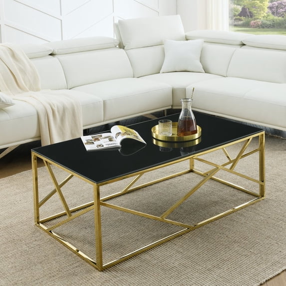 Hassch Modern Glass Coffee Table Living Room Center Table Accent Cocktail Table with Metal Frame in Polished Gold Finish