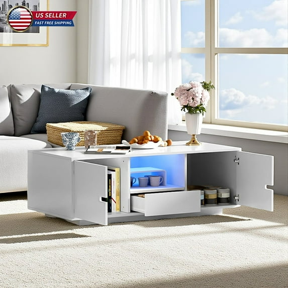 Hassch Modern High Gloss Coffee Table with 16-Color LED Lights, 2 Cabinets, 1 Drawer & Open Shelf, 47.2'' Contemporary Storage Center Table for Living Room, White