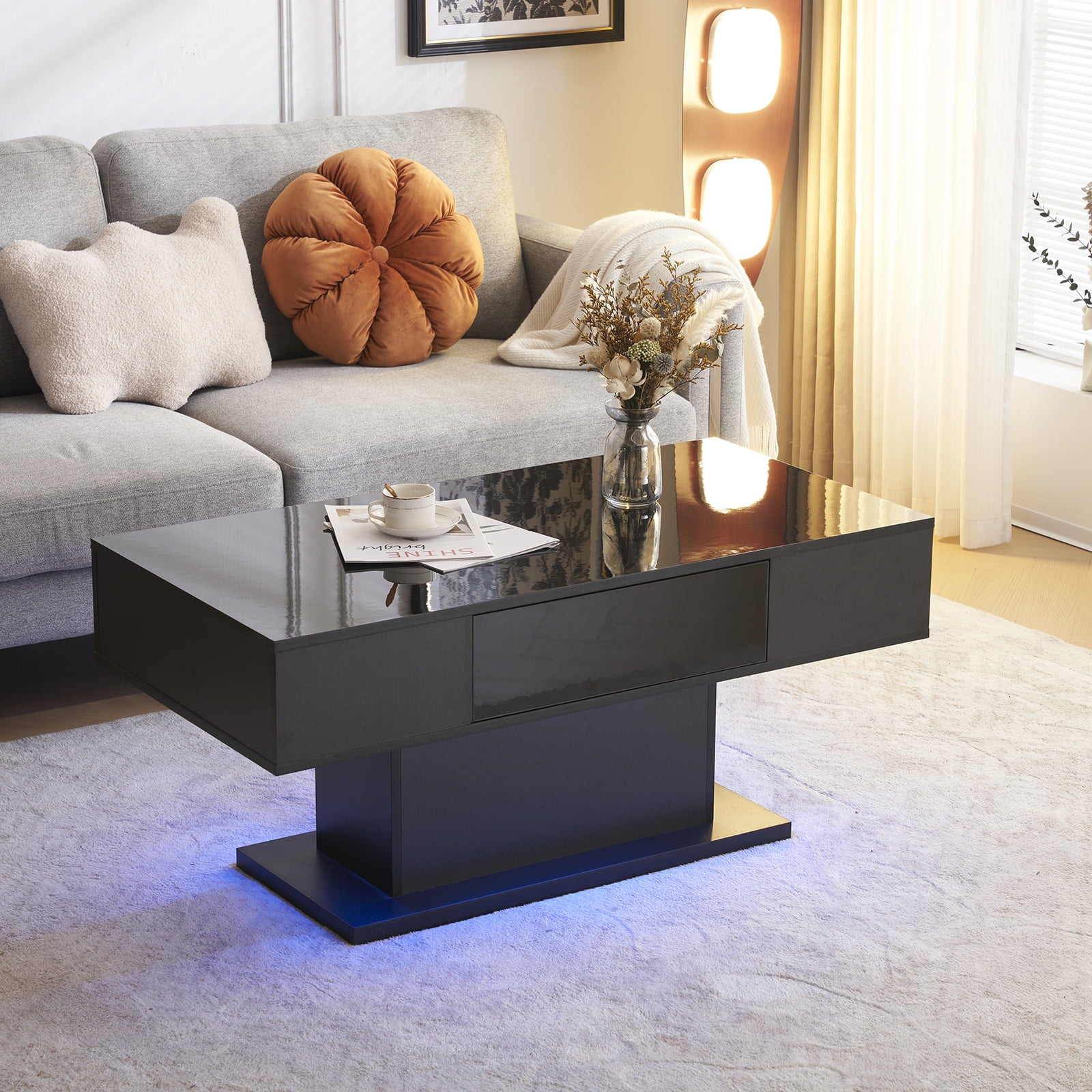 Hassch Modern High Gloss Coffee Table with 16 Colors LED Lights ...