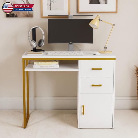 Hassch Modern Home Office Desk with Drawers and Cabinet, White Writing Table with Gold Iron Legs, Compact Computer Desk for Small Spaces and Study Use, 37.8"W x 13.78"D x 30.71"H