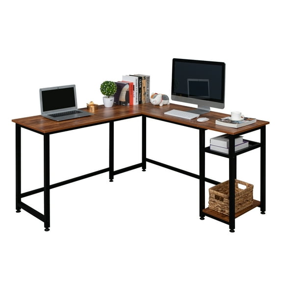 Hassch Modern L-Shaped Computer Desk with Storage Shelves, Corner Table for Home Office, Brown
