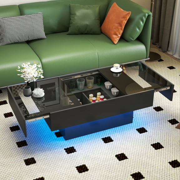 Hassch Modern LED Coffee Table, Black Wood Center Tea Table with Visible Sliding Glass Tabletop and Storage Compartment, for Living Room, 39.37"L x 19.69"W x 14.96"H
