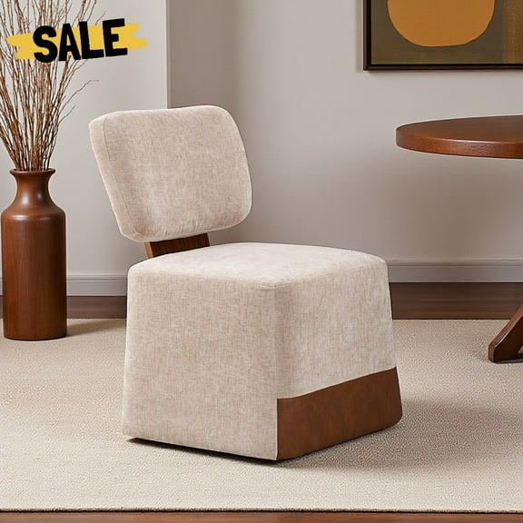 Hassch Modern Linen Upholstered Armless Dining Chair with Casters, Padded Seat, Easy Roll for Kitchen, Office, or Living Room, Beige