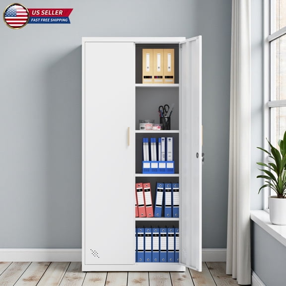Hassch Modern Lockable Steel Utility Cabinet with Adjustable Shelving, 68.9" Tall Storage Organizer for Bedroom, Kitchen, Living Room or Office, Space-Saving Metal Cabinet, White