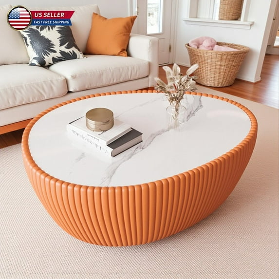 Hassch Modern Luxury Goose Egg Coffee Table, 32"L x 24.8"W, Marble Top, Elegant Accent Table for Living Room, Bedroom, or Office (Orange)