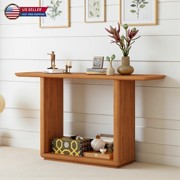 Hassch Modern Minimalist 59.8" Console Table in Natural Finish, U-Base Entryway Table with Curved Corners & Open Storage, Stylish Sofa Table for Living Room & Bedroom