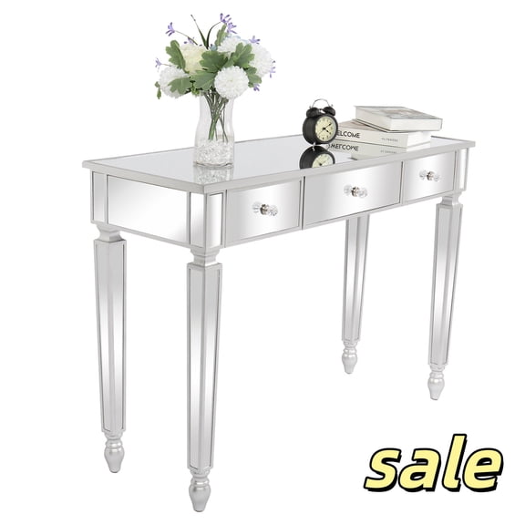 Hassch Modern Mirror Table with 3 Drawers,Computer Desk, Home Office Desk, Makeup Dressing Table for Bedroom, 41.73"L x 14.96"W x 29.92"H, Sliver