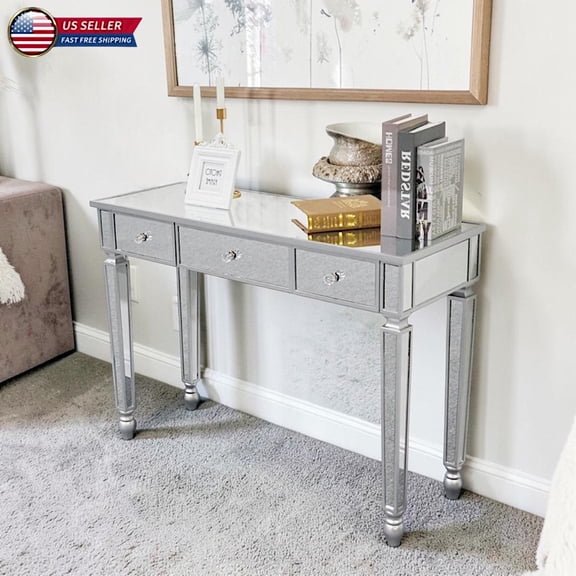 Hassch Modern Mirrored Computer Desk Writing Workstation with Storage Drawers, 41.7" Makeup Dressing Table for Bedroom, Living Room and Entryway (Silver)