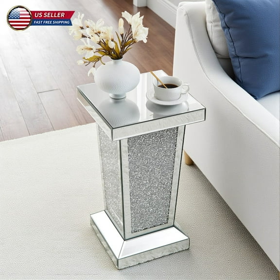 Hassch Modern Mirrored Side Table with Crystal Inlay, Silver Square End Table with Reflective Glass Surface, No Assembly Accent Table for Living Room & Bedroom