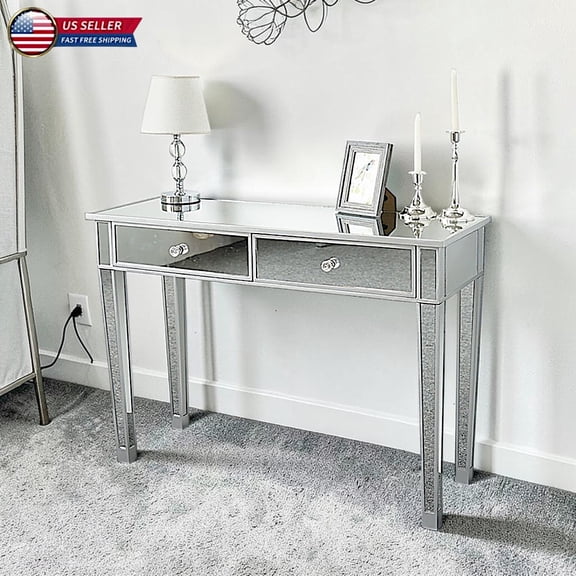 Hassch Modern Mirrored Writing Table with 2 Drawers, Silver Vanity Dressing Table/Computer Desk for Bedroom and Hallway, 41.3"L x 14.2"W x 29.92"H