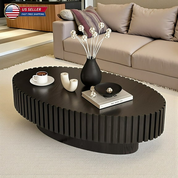 Hassch Modern Oval Coffee Table, 43.3" Handcrafted MDF Center Table with Olive-Shaped Design and Solid Wood Relief Edges, Sturdy Accent Table for Living Room, Bedroom, Small Apartment (Black)