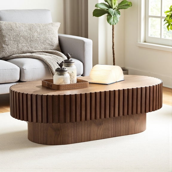 Hassch Modern Oval Coffee Table, 43.7" Accent Center Table with Pedestal Base, Compact Design for Living Room and Bedroom, Easy Assembly, Walnut Finish