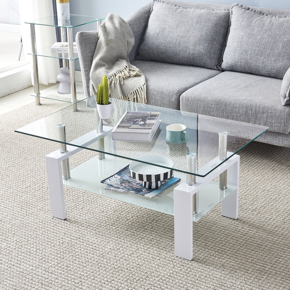 SAFSTAR Glass Coffee Table – 2-Tier Rectangle Design, Tempered Glass Top & Wood Legs, Modern Living Room Table