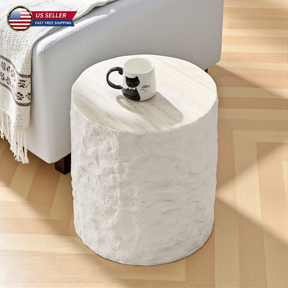 Hassch Modern Round Side Table, 15.75" Fiberglass End Table with Textured Stone Design, No Assembly Accent Table for Living Room, Bedroom, Apartment, Beige