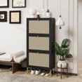 thumbnail image 1 of Hassch Modern Shoe Cabinet with 3 Rattan Flip Drawers, Freestanding Slim Shoes Storage Rack Organizer with Gold Metal Legs, 23.62"L x 9.25"W x 48.98"H, Black, 1 of 8