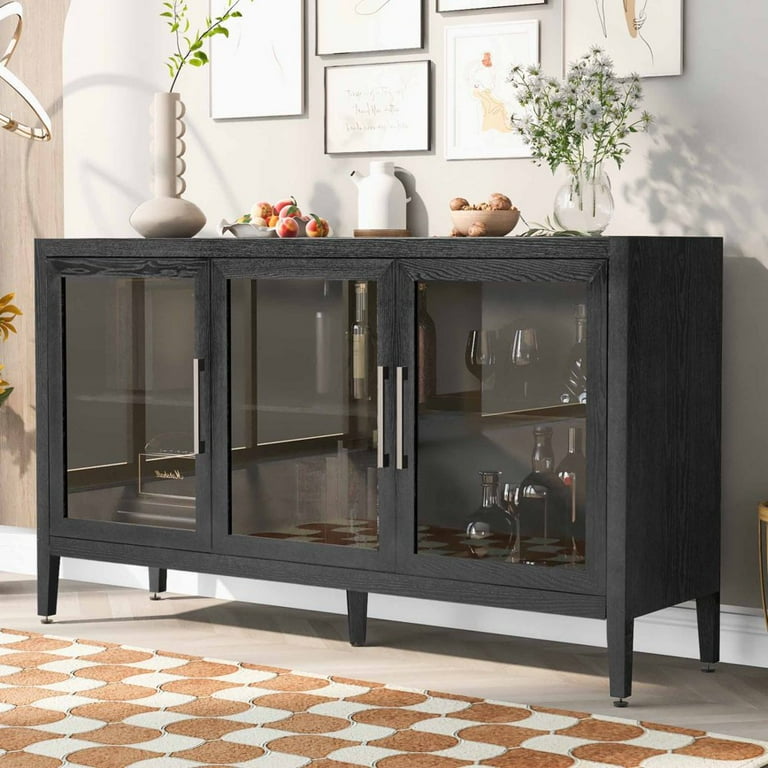 Hassch Modern Sideboard Buffet Storage Cabinet Kitchen Storage Cabinet with 3 Glass Doors Liquor Cabinet for Home Kitchen Dining Room Cupboard