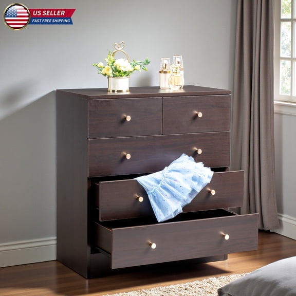 Hassch Modern Simple Vertical Drawer Dresser, 28.74"H Storage Chest with 5 Drawers, Spacious Table Top & Anti-Tipping Device, Brown, for Bedroom and Living Room