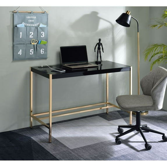 Hassch Modern Small Writing Desk Computer Table with Built-in USB Port & Plug Gold Frame Dressing Table, Black