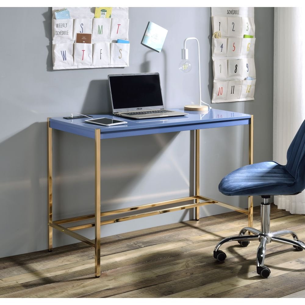 Navy Blue & Gold 45" Wood Writing Desk with USB & Drawer