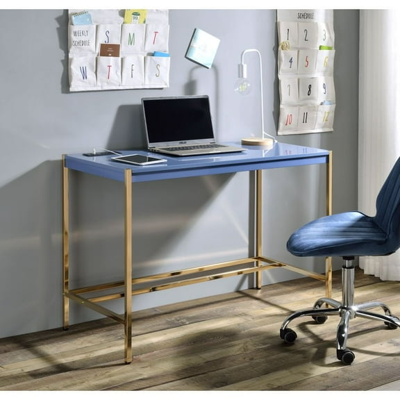 Hassch Modern Small Writing Desk Computer Table with Built-in USB Port & Plug Gold Frame Dressing Table, Navy Blue