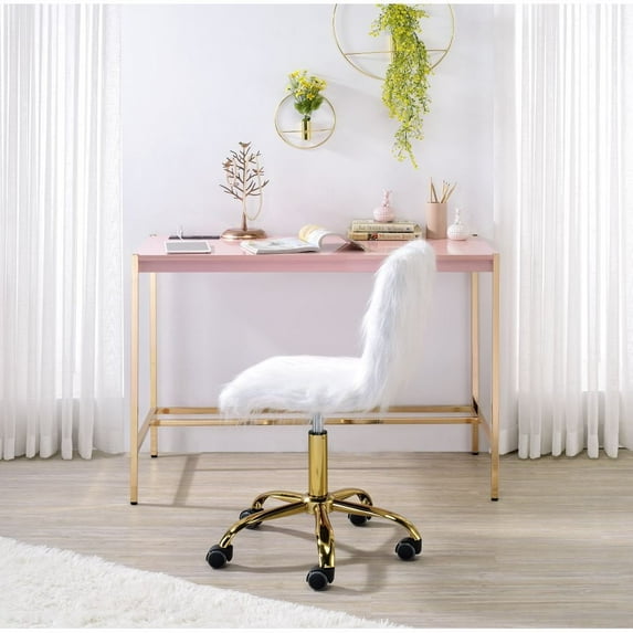 Hassch Modern Small Writing Desk Computer Table with Built-in USB Port & Plug Gold Frame Dressing Table, Pink