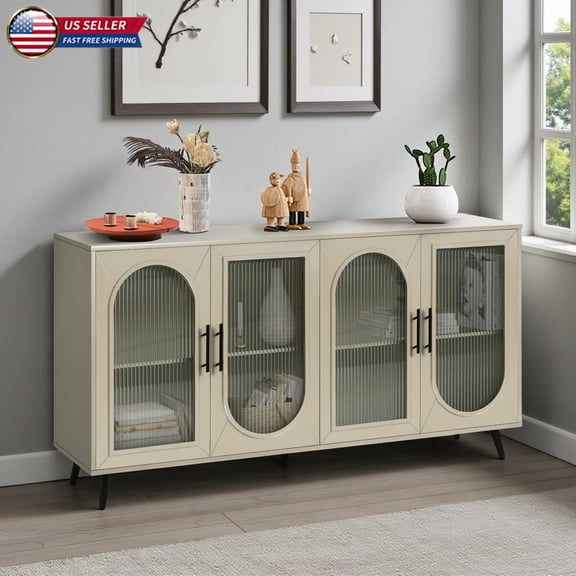 Hassch 60 Inch Vintage Sideboard Cabinet/TV Stand with 4 Glass Doors & Metal Legs - Medieval Style Storage Console, Buffet Server for Living Room, Hallway, Kitchen, Easy Assembly, Champagne