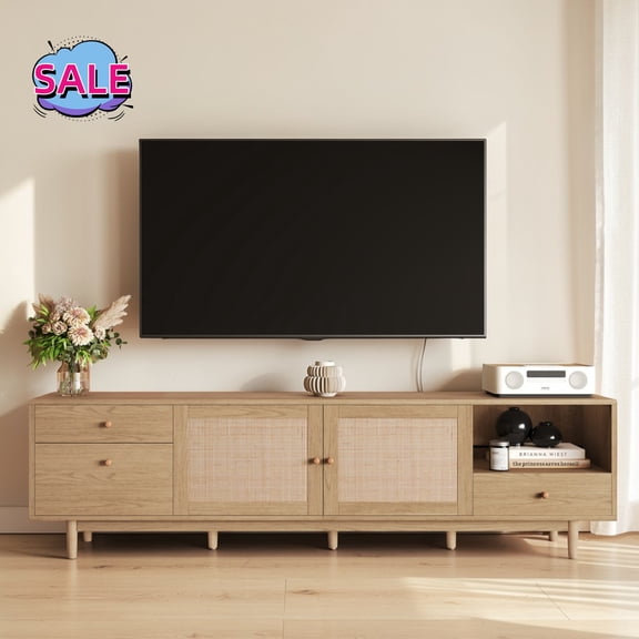 Hassch Modern TV Stand with Storage for TVs up to 85 inch, Media Console with 2 Doors and 3 Drawers, 76.6" Entertainment Center with Open Shelf, Natural
