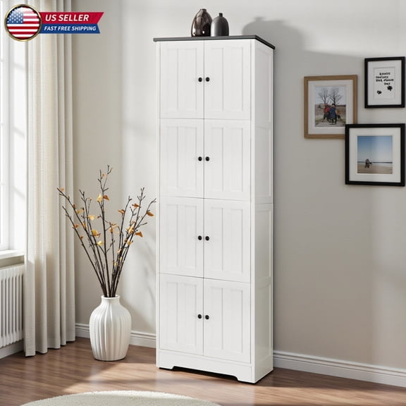 Hassch Modern Tall Pantry Cabinet with 8 Doors & 4 Compartments, White Wooden Freestanding Tower Organizer Utility Cabinet for Home Office, Dining Area or Living Space - 24"L x 12.8"W x 72.4"H