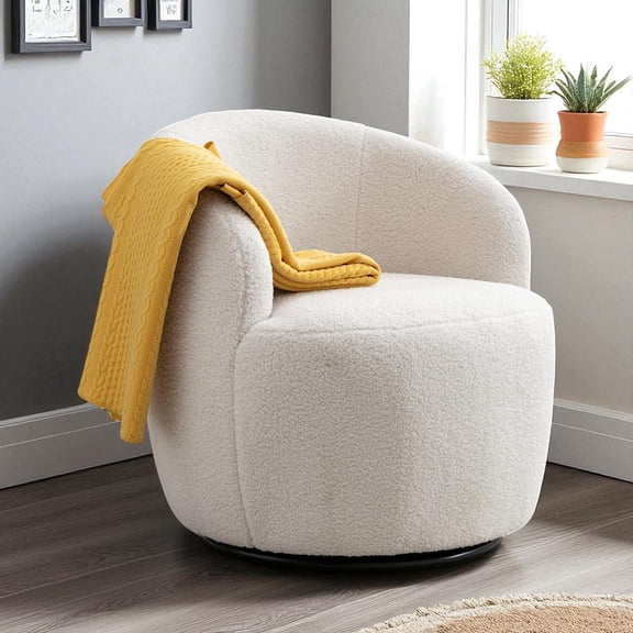 Hassch Modern Teddy Fabric Upholstered Swivel Barrel Chair with Black Powder-Coated Metal Ring Base, 360° Rotating Accent Armchair for Living Room, Bedroom, Home Lounge (Ivory)