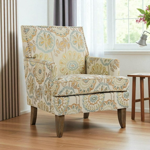 Hassch Modern Upholstered Accent Armchair with Solid Wood Frame, Comfortable Lounge Chair with Nailhead Trim, Soft Cushion and Anti-Slip Leg Pads for Home (Beige+Yellow)