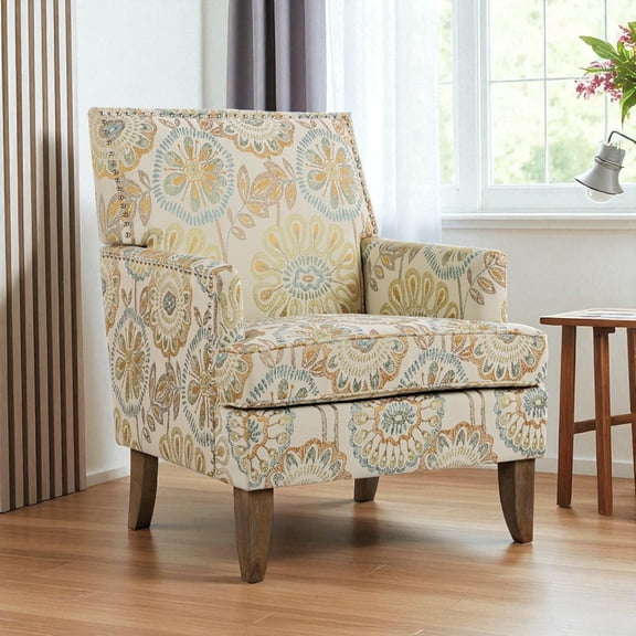 Hassch Modern Upholstered Accent Armchair with Solid Wood Frame, Comfortable Lounge Chair with Nailhead Trim, Soft Cushion and Anti-Slip Leg Pads for Home (Beige+Yellow)