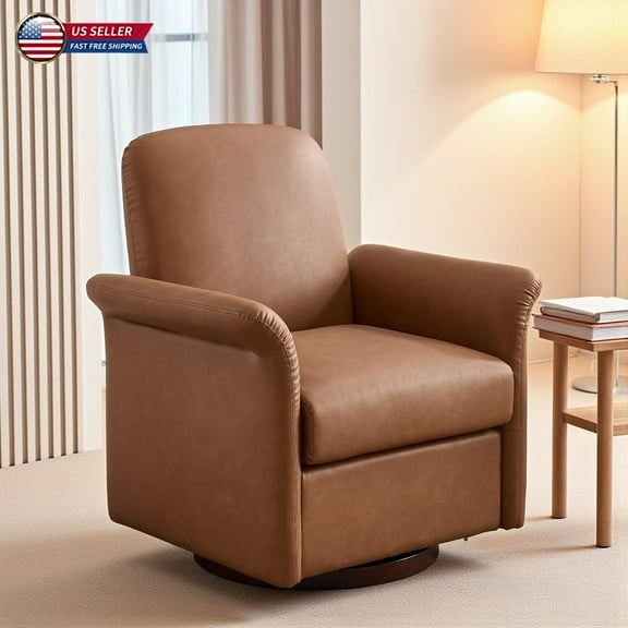 Hassch Modern Upholstered Swivel Barrel Armchair in Brown PU Leather, Accent Lounge Chair with Solid Wood Base for Living Room, Bedroom, Reading