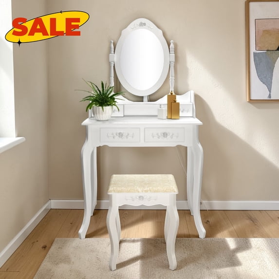 Hassch Modern Vanity Desk with 360-Degree Rotation Removable Mirror and Cushioned Stool, 29.5 Inch Makeup Table with 4 Storage Drawers, Dressing Table for Bedroom, White