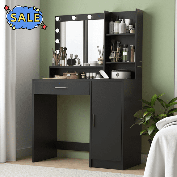 Hassch Modern Vanity Desk with Lights and Mirror, 35.4" Makeup Dressing Table with Cabinet, Storage Drawer and Open Shelves for Bedroom, Easy Assembly, Black