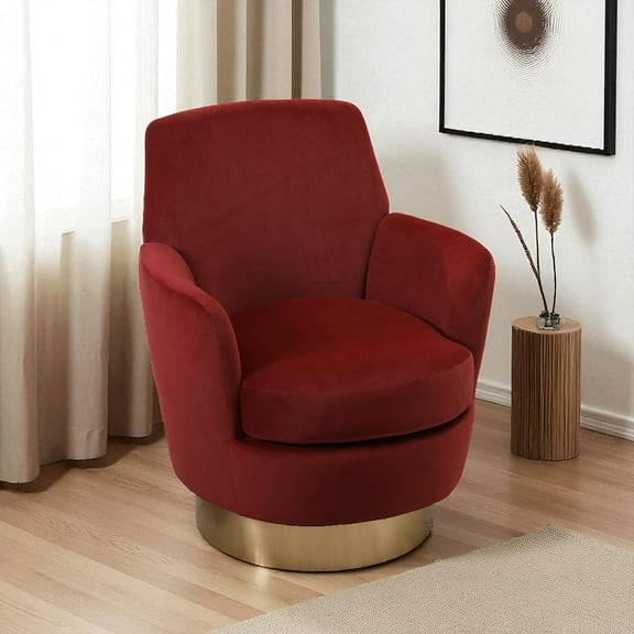 Hassch Modern Velvet Upholstered 360° Swivel Barrel Chair with Gold Stainless Steel Base, Comfortable Living Room Reading Lounge Chair, Red