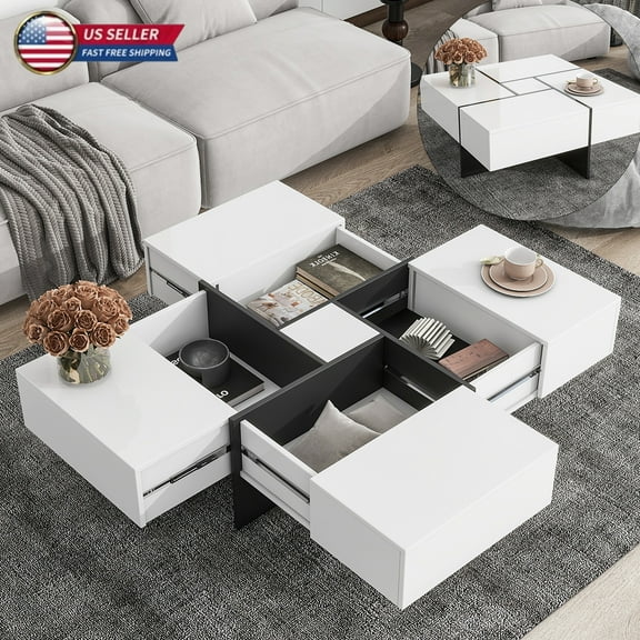 Hassch Modern White High-Glossy Coffee Table with 4 Hidden Storage Compartments, 31.5" Square Accent Center Table, for Living Room, Bedroom, Apartments