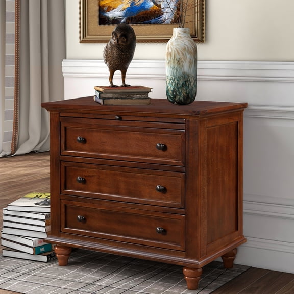 Hassch Vintage Wooden Beside End Desk Storage Dresser with 3 Drawers & 1 Pull-out Tray for Living Room, Brown