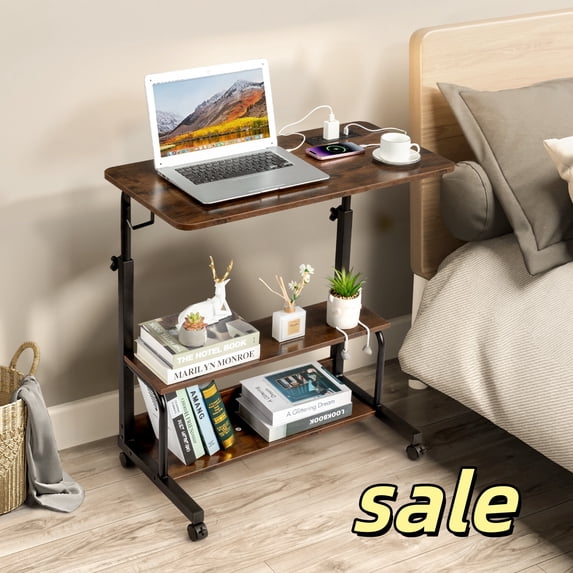 Hassch Movable Rolling Laptop Table with Power Outlet, Height Adjustable Computer Table with Open Shelves for Living Room Bedroom, Space Saving, Brown