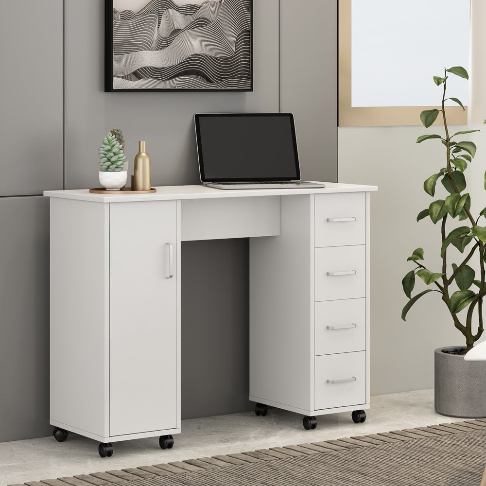 Hassch Moveable Computer Desk with 4 Drawers and Door, Executive Desk