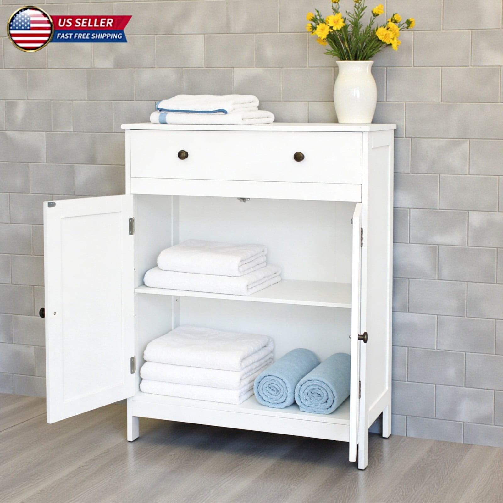 Hassch Multi-Purpose Freestanding Cabinet w/ Storage Drawer, Classic White MDF Cabinet with Double Doors & Bronze Handle, for Bathroom Dining Room Porch