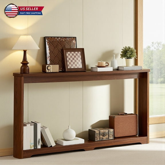 Hassch Multifunctional Console Table in Walnut Finish, Modern MDF Hallway Table with Open Shelf, Accent Sofa Table for Living Room, 70.1"L x 8.7"W x 35.5"H