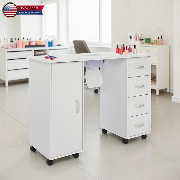 Hassch Nail Tech Table with Fan and Storage, 43" Manicure Desk with 4 Drawers, 1 Door Cabinet and Lockable Casters for Salon Spa and Home Studio, White