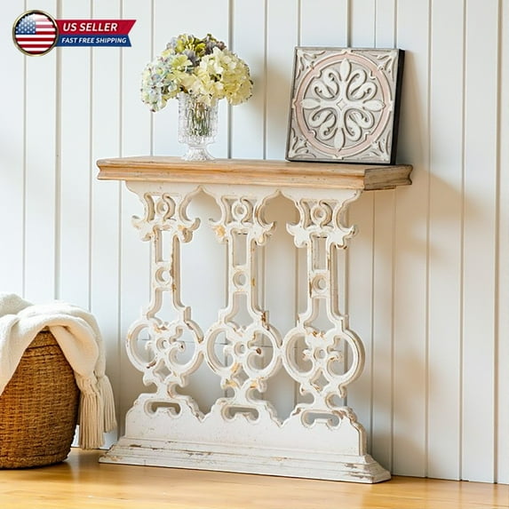 Hassch Narrow Whitewashed Console Table with Scrollwork Base and Brown Wood Top, Vintage Entryway Accent Table for Hallway Foyer, Living Room - 31.9"L x 11.8"W x 32.3"H